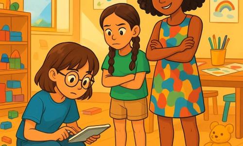 There are three characters: Zara, an 11-year-old girl who is small with brown hair and round glasses, wearing a blue t-shirt and jeans, crouching and closely examining the ground with a sketchbook in hand; Lina, also 11, tall with curly hair and a mischievous smile, dressed in a colorful dress and sneakers, standing next to Zara with her arms crossed, curiously watching what Zara discovers; and Nia, an 11-year-old girl who is slender with braided hair and a serious expression, wearing a green t-shirt and shorts, standing behind Zara, observing the scene with a focused look. The setting is a bright and colorful playroom filled with scattered toys, multicolored blocks, and drawings on the walls. In the center, a large art table is covered with crayons, paper, and paint, with sunlight filtering through the windows, creating a joyful and lively atmosphere. The main situation shows Zara, Lina, and Nia in the middle of an investigation to find missing giant crayons. Zara is examining the ground, discovering bits of colored wax, while Lina and Nia exchange ideas about what might have happened to the crayons. Excitement and curiosity are evident on their faces as they dive into their investigation.