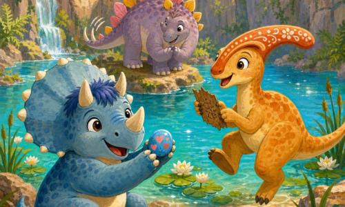 A chubby young triceratops with a short fringe and rounded horns, joyful face and bright eyes, smiling snout, gently holding a blue pebble painted with little hearts; a lively smiling parasaurolophus with a long crest decorated with white patterns hops nearby by a bed of water lilies holding a small scribbled bark; a dreamy stegosaurus with rounded pink and yellow plates, curious posture, stands on a sunny rock slightly back, softly applauding with its tail; the setting is an ancient crater turned turquoise lake with sparkling water, white water lilies, swaying reeds, mossy rocky walls and a pastel summer sky; the scene is a joyful lakeside gathering after a clue hunt, with a gesture of friendship (the triceratops showing the painted pebble) and scattered bits of wood and shiny shells.