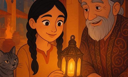 Young woman (20–25) with braided black hair, olive skin, hazel eyes and a shy smile holds a small polished brass lantern emitting a warm golden glow that lights her face, curious and awed; an elderly vendor (~60) with gray hair, long beard, rough skin and worn patterned clothes stands behind a wooden counter smiling with his right hand on the counter; a thin serious gray-and-black tabby cat sits on the counter to the woman's left staring at the lantern; setting: narrow night bazaar alley with ochre walls, hanging red and blue rugs, open spice jars releasing orange saffron and cinnamon clouds, colorful lanterns and shiny uneven cobbles; moment: silent magical exchange at dusk—she has just bought the lantern and its golden light illuminates faces and stalls; atmosphere mysterious yet warm, saturated warm colors (gold, saffron, red) and deep shadows; style: clean vector illustration with crisp outlines, detailed fabric and metal textures, composition centered on the lantern, medium close framing.