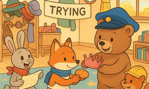 The main character is a small anthropomorphic fox with shiny red fur, round mischievous eyes and a warm smile, wearing a flour-streaked white apron and a blue pilot scarf, kneeling to offer a small play-dough roll in a gentle, confident pose; a secondary character is a tall anthropomorphic teddy bear with textured brown fur and an oversized blue captain's hat, joyfully standing to the right and handing a pink crown to a friend; another secondary is a bright gray rabbit with long ears and a red pilot scarf, sitting to the left showing a paper map to other children; a third friend is a small red squirrel wearing a yellow construction helmet, smiling and pulling a large cardboard box under a table in the background; the scene is a colorful dress-up corner of a classroom with light wooden floors, a star-patterned rug, an overflowing hat basket, a round wall mirror, low shelves of bright books and a large window with golden light; the main action shows sharing and trying out different roles—children swapping hats and accessories, laughing and helping each other, mixed costumes and visible signs reading “Share” and “Try,” bright composition, warm colors, clear contrasts and soft features suitable for six-year-olds.