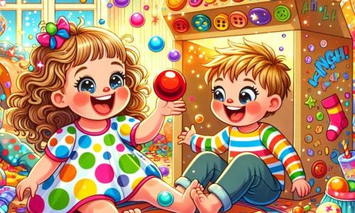 A 4-year-old girl named Lulu, with sparkling big eyes and curly hair, is sitting in a colorful living room surrounded by floating bubbles. She wears a multicolored polka dot dress and joyfully smiles while holding a large red button. Next to her is her friend Benny, a 5-year-old boy with messy blonde hair and a striped t-shirt, laughing as he tries to catch a flying rubber duck. The living room is filled with colorful confetti, dancing socks, and sparkling bubbles, creating a festive and magical atmosphere. In the background, a large cardboard cutout shaped like a laughing machine is decorated with fun drawings and buttons of all colors. In this joyful scene, Lulu and Benny are having fun playing with the flying rubber ducks around them, bursting into laughter in their confetti fort.