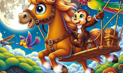Un magnifico cavallo di nome Cip, con un pelo marrone dorato e una criniera ondulata, si trova al centro dell'immagine, con gli occhi brillanti di eccitazione e un grande sorriso, pronto a volare nei cieli. Accanto a lui, Gigi il pappagallo, un uccello colorato con piume brillanti di verde e rosso, è appollaiato sul bordo della macchina volante, gesticolando con entusiasmo, mentre Lulù la scimmia, con il suo pelo marrone e i grandi occhi maliziosi, tiene il timone, ridendo e agitando le braccia. Sullo sfondo, si vede uno zoo animato, con recinti per animali, alberi verdi e una grande luna brillante che illumina la scena notturna. La situazione principale mostra Cip e i suoi amici animali che decollano nella loro macchina volante di tela e legno, sollevandosi gioiosamente nell'aria, circondati da stelle scintillanti e nuvole soffici, pronti per un'avventura magica.