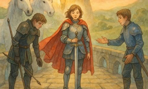 Principessa-cavaliere: donna ~25 anni, volto dolce e deciso, armatura leggera argentata con riflessi bluastri, mantello rosso sferzato dal vento, posa la lunga spada punta a terra al centro del ponte in segno di pace; Argentia: grande cavallo bianco con crini argentati subito dietro, alito visibile; giovane cavaliere di Velenor: uomo ~20 anni, armatura scura con scudo verde, tiene la lancia ma abbassa la testa a sinistra; giovane cavaliere di Miragis: uomo ~22 anni, armatura blu consumata, mano tesa a destra in gesto conciliatorio; Spirito del Ponte: figura incappucciata con volto nascosto, mano levata che emette una tenue luce dorata sospesa al centro del ponte; luogo e atmosfera: vecchio ponte di pietra ampio con lastre consumate e archi scolpiti sopra un fiume turchese, colline verdi e tramonto arancione-rosato, momento di riconciliazione colla luce dorata che suggella la pace, composizione centrata sulla cavaliere, atmosfera tranquilla e piena di speranza.