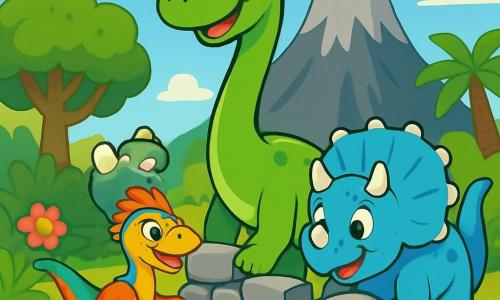 Un diplodocus numit Doru, cu o piele verde strălucitoare și un gât lung și grațios, stă în centrul scenei, având o expresie de curiozitate veselă, cu ochii mari strălucind de excitație. Lângă el, Trici, un triceratops cu coarne majestuoase și pielea de culoare albastru cer, privește cu entuziasm, în timp ce Rina, un velociraptor agil cu pene colorate și ochi jucăuși, sare vesel în jurul lor. Se află la poalele unui vulcan impunător, cu vârful acoperit de nori gri, înconjurați de copaci luxurianți și flori colorate, creând un contrast vibrant cu peisajul. Principala situație arată cum Doru și prietenii săi lucrează împreună pentru a construi un zid de pietre, hotărâți și plini de energie, pregătiți să-și protejeze valea de pericolele vulcanului.