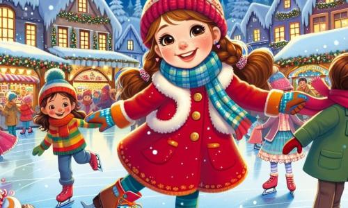 Una niña de 7 años, Clara, con largos cabellos castaños y mejillas rosadas, patina alegremente en una pista de hielo. Lleva un abrigo rojo brillante, un gorro de lana y guantes coloridos, y su rostro irradia felicidad y emoción. A su lado, su amigo Miguel, un niño de 8 años con cabello castaño y ojos brillantes, la anima sonriendo, vestido con una bufanda azul y un abrigo verde. Más lejos, Ana, otra amiga de 7 años con trenzas y una sonrisa radiante, hace piruetas en el hielo, rodeada de copos de nieve que caen suavemente. La escena se desarrolla en un encantador pueblo nevado, con casas cubiertas de nieve, luces brillantes decorando los árboles y un animado mercado navideño al fondo, donde se pueden ver coloridos puestos llenos de dulces y juguetes. Clara, llena de alegría, intenta patinar sin caerse, riendo con sus amigos, mientras el cielo se ilumina con fuegos artificiales sobre ellos, creando una atmósfera mágica y festiva.