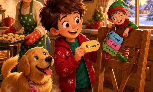 Un niño de 8 años, Miguel, sonriente y maravillado, pelo castaño alborotado, ojos grandes y brillantes, chaqueta roja con copos, sostiene una etiqueta amarilla con Renito y mira la silla con curiosidad; a su izquierda, un perro mediano llamado Max, pelaje dorado, lengua fuera y postura juguetona, cola meneándose con una pequeña etiqueta rosa en la base; al fondo, una mujer de unos 35 años, madre, cabello castaño recogido en moño y delantal verde con lunares, ríe suavemente mientras saca una bandeja de galletas del horno; en el respaldo de la silla aparece guiñando un pequeño duendecillo travieso de unos 30 cm, traje verde y rojo, sonrisa pícaro y sosteniendo más etiquetas de colores; la cocina es acogedora y se ve nevada por la ventana, mesa de madera clara, guirnaldas luminosas, tazas de chocolate caliente humeante y galletas en un plato; escena de descubrimiento alegre: Miguel acaba de encontrar una etiqueta mágica en la silla, la familia ríe y el duende prepara otra travesura; colores vivos, texturas suaves, luz cálida de final de la tarde, composición centrada en el niño y la silla.