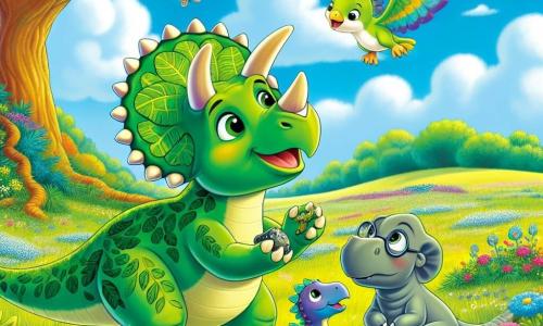 Un triceratops llamado Tito, con piel verde y patrones de hojas, muestra una gran sonrisa y ojos chispeantes de curiosidad. Se encuentra en el centro de la pradera, tocando un objeto brillante con una de sus tres cuernos. A su lado, Lila, una pequeña dinosaurio alado con plumas coloridas, vuela alegremente, con las alas desplegadas, y mira al triceratops con asombro. Un poco más lejos, Dino, un gran dinosaurio sabio con piel gris y gafas redondas, observa la escena con una expresión pensativa, sentado bajo un majestuoso árbol. La pradera es vasta, salpicada de flores coloridas y hierbas altas, bajo un cielo azul brillante con algunas nubes blancas. La situación principal muestra a Tito descubriendo un artefacto antiguo y mágico, mientras Lila y Dino lo animan, creando una atmósfera de aventura y amistad.