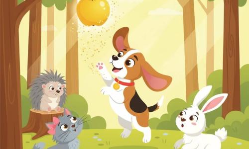 Mały beagle z zaokrąglonymi oczami i krótką brązowo-białą sierścią skacze na palcach, by dosięgnąć złotego jabłka wiszącego na gałęzi; obok po lewej siedzi szara kotka z różową kokardką, po prawej kucający biały królik z dużymi różowymi uszami, a w tle na pniu stoi stary jeż o srebrzystych kolcach. Akcja w jasnym podszyciu leśnym z pionowymi pniami, zielonymi liśćmi, słonecznymi promieniami i kwiatową polanką; w chwili magicznej jabłko znika, pozostawiając obłok świecącego pyłu, a zwierzęta patrzą z zachwytem.
