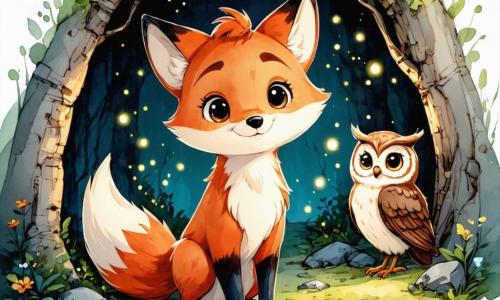 Ein junger Fuchs mit leuchtend rotem Fell, neugierig und mit einem leichten Lächeln, steht im Zentrum seines kleinen Baues, umgeben von sanften Lichtblitzen, die von Glühwürmchen ausgehen. Er wirkt sowohl fasziniert als auch beruhigt, während er die kleinen Lichter beobachtet, die um ihn tanzen. In der Nähe sitzt ein weiser Eule mit braun-weißen Federn, großen runden Augen und einem wohlwollenden Ausdruck auf einem Ast, und schaut den Fuchs mit einem ermutigenden Lächeln an. Der Ort ist ein gemütlicher Bau, mit Wänden, die mit grünem Moos bedeckt sind, und kleinen bunten Blumen, die am Eingang wachsen. Das sanfte Licht der Glühwürmchen erhellt das Innere und schafft eine warme, magische Atmosphäre, die im Kontrast zur Dunkelheit der Nacht draußen steht. Die Hauptsituation zeigt den jungen Fuchs, der die Schönheit der Nacht durch die Glühwürmchen entdeckt und lernt, seine Angst vor der Dunkelheit zu überwinden, während die Eule auf ihn aufpasst, bereit, ihm Weisheit und Trost zu bieten.
