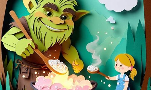 Duży, uśmiechnięty lecz skupiony troll o zielonej, mchem przypominającej skórze, brązowych włosach z wodorostów i dużych orzechowych oczach w szorstkich szmatach jutowych miesza ogromną drewnianą łyżką w parującym kotle, z którego unoszą się różowe obłoki, delikatnie mieszając świecące okruchy; obok stoi około sześcioletnia Lusia z kręconymi blond włosami w niebieskiej sukience w kropki, wyciągająca małą błyszczącą srebrną łyżeczkę z zachwyconą miną; na ramieniu trolla siedzi mały rudawy ptak w kapeluszu z liścia patrzący ciekawie na kocioł; scena na moście porośniętym zielonym mchem nad doliną waniliowej łąki ze śliskimi kamieniami, lianami i rozrzuconymi świecącymi kwiatami, w miękkim różowo‑pomarańczowym świetle zmierzchu z widocznymi małymi gwiazdkami, atmosfera ciepła i magiczna, styl papierowych wycinanek, żywe kontrastowe kolory, proste kształty, wyraźne kontury i widoczna faktura papieru, kompozycja skupiona na kotle i postaciach.
