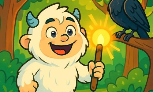 Un giovane yeti di nome Timo, con un pelo bianco e soffice, si trova al centro della scena, con un grande sorriso caloroso sul volto espressivo. I suoi occhi brillano di eccitazione e determinazione mentre brandisce un bastone luminoso, simbolo della sua ricerca. Accanto a lui, un vecchio corvo, il Maestro degli Enigmi, con piume nere e lucenti, osserva con uno sguardo saggio e penetrante, posato su un ramo. Sullo sfondo, si estende una foresta incantata, piena di alberi maestosi con tronchi spessi e foglie scintillanti, immerse in una dolce luce dorata. La scena emana un'atmosfera magica e accogliente, dove la natura sembra vibrare di vita. Timo, pronto ad affrontare l'avventura, si trova fermo su un sentiero di legno, determinato a salvare il suo villaggio.