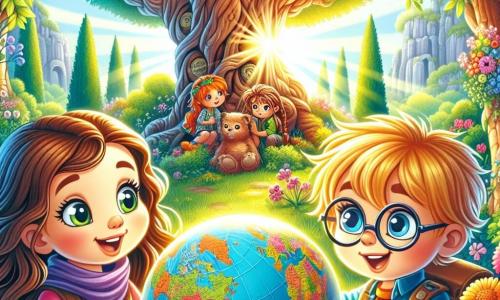 Una bambina di 6 anni, Sofia, con lunghi capelli castani e occhi brillanti di curiosità, tiene in mano un mappamondo colorato. Ha un grande sorriso sul volto, piena di eccitazione e avventura. Accanto a lei, Leo, un ragazzo di 6 anni con capelli biondi e occhiali rotondi, guarda la mappa con uno sguardo meravigliato, mentre Marta, una ragazza di 6 anni con capelli rossi intrecciati, li osserva con un misto di preoccupazione e curiosità. Si trovano in un parco verdeggiante, circondati da alberi maestosi, fiori colorati e un grande albero dal tronco nodoso, sotto il quale si nasconde un tesoro misterioso. La scena mostra i tre amici intenti a discutere della mappa, pronti per partire all'avventura, con i raggi di sole che filtrano tra le foglie, creando un'atmosfera magica e giocosa.