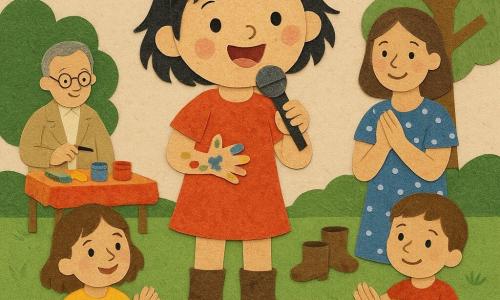 Luna, niña de 4 años de rostro redondo, dedos con manchas de pintura, pelo negro corto en mechones rebeldes, ojos brillantes y expresión feliz y tímida, canta con un pequeño micrófono de papel sobre un tablón de madera; su madre, mujer de ~30 años con vestido azul de lunares y sonrisa tierna, está de pie a la derecha mirando orgullosa; Sofía, niña de ~5 años con vestido amarillo y flor pintada, aplaude y sostiene un dibujo a la izquierda; Mateo, niño de ~5 años con camiseta roja, marca el ritmo con un pequeño tambor detrás; un hombre mayor de ~60 años con gafas y chaqueta beige ofrece un pincel junto a una mesa con pinturas; el parque es una escena de papel con césped recortado, árboles de tela, mesa con telas y botes de pintura, botas embarradas y un sol amarillo texturado; ambiente alegre, colores saturados y formas simples, papel rasgado y superposiciones visibles.