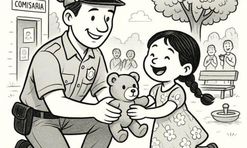 Un policía sonriente de unos treinta años, cabello corto castaño, uniforme claro y gorra redonda, arrodillado entregando un pequeño oso de peluche a una niña de unos 5 años con trenzas negras y vestido de flores, ella aliviada y alegre abrazando el oso; en segundo plano una plaza soleada con banco, árbol de grandes hojas y fuente baja, a la izquierda la fachada de una pequeña comisaría con puerta abierta y dibujos infantiles en la pared; transeúntes estilizados y sonrientes a distancia aplaudiendo; ambiente suave y reconfortante, líneas claras, contornos nítidos, sombreados ligeros en tinta, composición centrada en el intercambio, expresiones exageradas legibles para niños, paleta en blanco y negro con texturas de tramado fino.