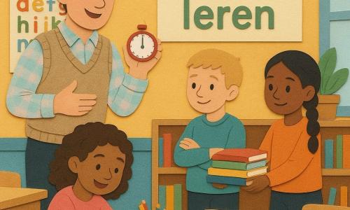 Een vriendelijke mannelijke leerkracht met warrig bruin haar en een zachte glimlach houdt een rood keukentimer in zijn rechterhand en gebaart bemoedigend; Mila (9) met kastanjebruine krullen verzamelt potloden en stopt ze in een doos links van het bureau, Bram (10) met kort blond haar legt een stapel schriften terug op een plank achter de centrale tafel en Yara (8) met zwarte vlecht houdt de stapel stabiel; de lichte klas heeft kleurrijke muren, alfabetposters en een grote poster 