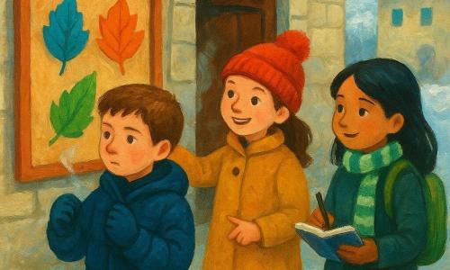 Ci sono tre bambini: Leo (9 anni), capelli corti castani, guance rosate, giubbotto blu scuro e guanti, a sinistra; Mia (8 anni), capelli castani in codini con berretto rosso a pompon, cappotto senape e stivali rossi, al centro che indica una foglia arancione; Samira (9 anni), capelli neri sciolti, sciarpa verde e bianca, zainetto verde, a destra con un taccuino e una matita. Davanti alla biblioteca comunale in pietra chiara con porta di legno socchiusa da cui esce vapore di cioccolata, c'è una bacheca con tre grandi foglie colorate (blu, arancione, verde); sul terreno brina sottile e tetti imbiancati sotto un cielo invernale chiaro. I tre osservano il pannello e scelgono una missione invernale, soffio bianco visibile dalle loro bocche, atmosfera calma e curiosa.