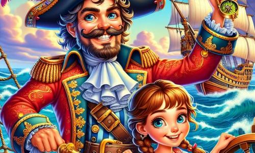 O capitão Bartolomeu Bigodes, um homem de grande sorriso malicioso e bigode flamboyant, se mantém orgulhosamente no convés de seu navio, o Ventania. Ele usa um chapéu de pirata adornado com penas coloridas e uma jaqueta vermelha com dourados brilhantes, seus olhos brilham de excitação e determinação. Ao seu lado, Lili, uma menina de 10 anos com cabelos castanhos trançados, observa o horizonte com sua bússola dourada, um ar de entusiasmo em seu rosto. Guto, um garoto de 9 anos com cabelos bagunçados e um sorriso travesso, está um pouco atrás, tropeçando em um balde, mas rindo de coração, acrescentando um toque de humor à cena. O cenário é um vasto oceano de águas azuis sob um céu ensolarado com nuvens brancas. O Ventania, um navio pirata com velas brancas e madeira brilhante, corta as ondas graciosamente, cercado por luzes douradas de uma nebulosa misteriosa que dança na superfície da água. A situação principal mostra Bartolomeu e sua tripulação prontos para explorar a nebulosa mágica, cheios de entusiasmo e curiosidade, enquanto se preparam para descobrir os segredos ocultos do Mar Dourado.