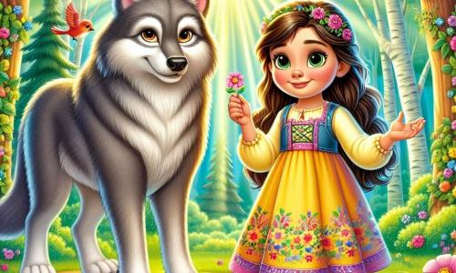 Uma menina de 10 anos, Lúcia, com longos cabelos castanhos e olhos brilhantes de curiosidade, está no centro da cena, com um sorriso corajoso no rosto. Ela usa um vestido colorido decorado com flores e segura uma pequena varinha mágica cintilante na mão. Ao seu lado, o Grande Lobo Mau, um grande lobo de olhos suaves e pelagem cinza, está ligeiramente curvado, mostrando uma expressão amigável e triste, como se estivesse buscando amizade. A cena acontece em uma clareira ensolarada, cercada por majestosas árvores de folhas verdes vibrantes, com flores multicoloridas espalhadas pelo chão. Raios de sol penetram através dos galhos, criando uma atmosfera mágica e acolhedora. Lúcia e o Lobo se olham com esperança, prontos para selar sua nova amizade, enquanto pássaros coloridos voam ao redor deles, cantando melodias alegres.