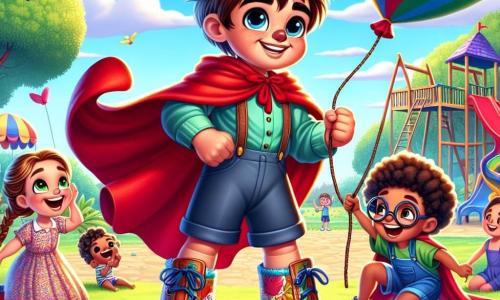 Um menino de 6 anos, chamado Pedro, está no centro da imagem, com cabelos castanhos bagunçados e um grande sorriso no rosto. Ele usa uma capa vermelha esvoaçante e botas coloridas, pronto para pular. Seus olhos brilham de excitação e determinação. À sua direita, Ana, uma menina de 6 anos com cabelos loiros trançados, o incentiva com um grande sorriso. Ela veste um vestido florido e segura uma corda. À esquerda, João, um menino de 6 anos com óculos e cabelos pretos, está enchendo um grande balão colorido, pronto para ajudar Pedro em seu desafio. Luísa, outra menina de 6 anos com cabelos cacheados e um macacão, está sentada no chão, rindo e segurando uma bola. O cenário é um parque ensolarado, com árvores verdes, flores coloridas e um grande escorregador ao fundo. O céu é azul com algumas nuvens brancas fofas. A cena principal mostra Pedro e seus amigos formando uma fila para pular juntos, com rostos radiantes de alegria e expectativa, prontos para o desafio de pular mais alto que a grande árvore do parque.