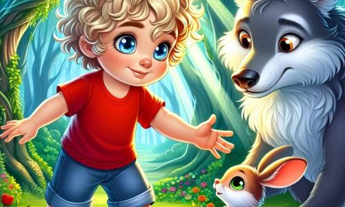 A 3-year-old boy with sparkling blue eyes and curly blonde hair stands at the center of the scene, displaying a brave and determined smile. He wears a red t-shirt and denim shorts, reaching out to a little rabbit with big ears, who looks a bit scared but grateful. Next to them, the Big Bad Wolf, with gray fur and mischievous eyes, stands slightly back, showing a look of surprise and sadness, as if realizing he can be a friend. He has a large stature with visible claws, but his gaze is softened by the twilight light. The scene takes place in an enchanted forest, where tall trees with thick trunks and shiny green leaves create a natural canopy. Sunlight filters through the branches, illuminating the ground sprinkled with colorful flowers and small sparkling stones. The main situation shows the boy and the rabbit united in their quest to find the rabbit's family, while the wolf, though large and imposing, begins to understand the importance of friendship and kindness.