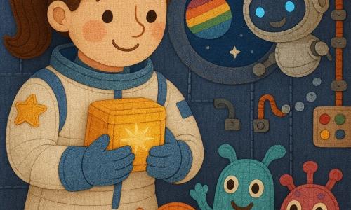 A smiling, gentle female astronaut with a brown ponytail in a white-and-blue spacesuit with star patches and joyful round eyes holds a small glowing golden box to her chest like a treasure; a small round silver companion robot named Astro with blue LED dot eyes floats beside her in small circles, enthusiastic; three friendly colorful patchwork aliens with big eyes and smiles stand on the floor behind her, waving; the warm spaceship interior is crafted like appliqué with indigo stitched panels, a round embroidered porthole showing a rainbow planet and twinkling stars, buttons, cables and ribbons; the scene shows the woman protecting the glowing box while the robot floats nearby and the aliens gather around her, calm happy mood, bright colors and visible fabric textures (felt, cotton, stitchwork).