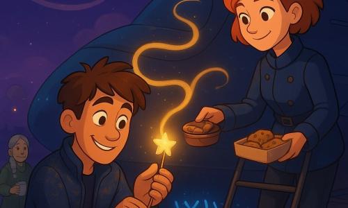 A smiling, focused man named Maren with messy brown hair and a hat with small telescopes, wearing a navy leather jacket dusted with copper powder, delicately fits a thin antenna topped with a small sparkling glass star onto the upper fin of a small lacquered ship engraved with softly glowing blue runes; nearby, Captain Jo (about 28) with short copper hair and a reassuring, mischievous expression stands on a ladder against the hull, hand on the rail and offering a box of hot biscuits to Maren, while a small robotic owl called Spark, with polished metal body, visible gears and yellow lantern eyes, perches on the rail beating its wings, and old Lira (about 65) in a wool dress with braided gray hair holds a steaming cup of tea on the weathered wood-and-rust metal space dock as the antenna lights and sends golden ribbons of light enveloping the crew beneath a purple starry sky with slow moons and distant 