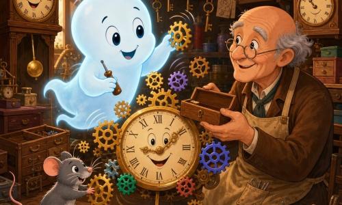 A small translucent bluish ghost named Boo, cheerful and mischievous, floats above a workbench holding a tiny screwdriver and a few tiny gears; Mr. Tinker, a bald 70-year-old watchmaker with round glasses, a brown jacket and dusty apron, sits to the right offering a small wooden box; Squeaky, a tiny gray mouse with bright eyes, stands on the work surface helping push a gear; the warm cluttered workshop has wooden walls, shelves of antique clocks with golden dials, strings, keys and stacked boxes, amber light through a dusty window, and colorful gears whirl around a large smiling dial with a swinging pendulum in a playful, slightly chaotic scene.