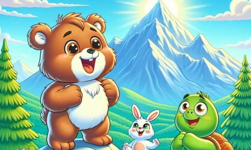 Un pequeño oso marrón llamado Bruno, con un pelaje suave y ojos brillantes de alegría, está en la cima de una montaña, sonriendo con orgullo y emoción. A su lado, un pequeño conejo blanco llamado Rápido, con grandes orejas y una mirada alentadora, salta de alegría, mientras que una tortuga verde llamada Lenta, con un caparazón colorido, aplaude lentamente con una sonrisa cálida, mostrando su apoyo. El paisaje es una hermosa montaña verde, con árboles coloridos y un cielo azul claro salpicado de nubes blancas. Bruno, superando su miedo, celebra su logro de haber escalado la montaña con sus amigos, ilustrando la importancia de la confianza en uno mismo y la amistad en el deporte.