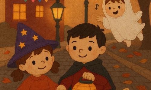Quatro personagens numa rua de pedras ao crepúsculo: Sofia, 3 anos, cabelos castanhos em rabos, chapéu de bruxa roxo com estrelas, segura a mão de Miguel e sorri à esquerda; Miguel, 3 anos, cabelo preto curto, pequena capa preta com forro vermelho, segura uma lanterna de papel sorridente com a gata Clarinha no colo; Clarinha, pelúcia viva creme com mini capa e focinho rosa, ronrona e faz um pulo; Tomás, 3 anos, cabelo castanho, vestido como fantasma em lençol branco com olhos recortados, flutua e canta à direita; cena acolhedora com lampiões suaves, folhas de outono, uma grande lanterna de papel pendurada, luzes coloridas na casa, sombras de árvore, cores quentes e estilo de textura costurada com formas simples e contornos suaves.