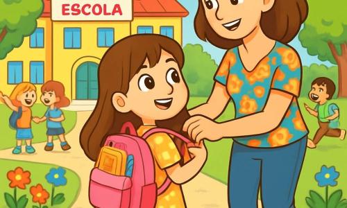 Uma menina de 8 anos, Sofia, com longos cabelos castanhos e olhos brilhantes de excitação, carrega uma mochila rosa cheia de material escolar. Ela está em pé na calçada, com um grande sorriso no rosto, olhando para a escola com curiosidade. Ao lado dela, sua mãe, uma mulher sorridente na casa dos trinta anos, com cabelos castanhos e uma blusa colorida, ajusta a alça da mochila de Sofia enquanto lhe lança um olhar encorajador. Ao fundo, a escola é um prédio luminoso com paredes amarelas e janelas azuis, cercado por árvores verdes e flores coloridas. A cena principal mostra Sofia, um pouco nervosa mas cheia de entusiasmo, pronta para entrar na nova escola, cercada por outras crianças que conversam alegremente e brincam no pátio.