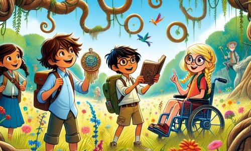 En un viejo parque misterioso, cuatro pequeños aventureros se reúnen. Lucas, un niño de 9 años con el cabello castaño alborotado y ojos brillantes, sostiene un antiguo medallón brillante con emoción. A su lado, Sofía, una niña de 9 años con trenzas rubias y una sonrisa contagiosa, señala un arbusto que se mueve, llena de curiosidad. Javier, un niño de 10 años con gafas y cabello castaño, toma notas en su pequeño cuaderno, observando atentamente a su alrededor. Finalmente, Valeria, una niña de 9 años con cabello rizado y piel caramelo, sonríe alegremente desde su colorida silla de ruedas, rodeada de flores silvestres. El parque está lleno de grandes árboles con troncos retorcidos, flores brillantes y hierbas altas que bailan al viento. Un cielo azul brillante sobrevuela esta escena encantada, mientras aves coloridas vuelan sobre los niños. Los cuatro amigos acaban de descubrir un misterioso medallón en el corazón del parque y están a punto de embarcarse en una aventura mágica, listos para explorar los secretos que este mundo oculto tiene para ofrecer.