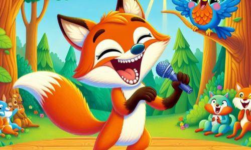 A clever little fox named Felix, with bright orange fur and a bushy tail, stands on a wooden stage, radiating joy and excitement with a big smile on his face. He is making faces and telling jokes, captivating his audience. Next to him, Benny, a small blue bird with vibrant feathers, perches on a branch, laughing heartily with sparkling eyes of happiness while applauding his friend. The setting is in a sunny clearing of Whimsy Woods, surrounded by majestic trees with vibrant green leaves and colorful flowers dancing in the breeze. The main scene shows Felix in the middle of a comedic performance, making all the forest animals laugh, who are sitting in a circle around him, their faces lit up with amusement and joy.