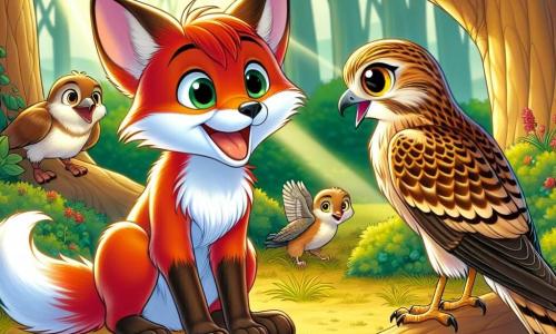 Ein junger, leuchtend roter Fuchs mit großen, neugierigen Augen und einem warmen Lächeln steht im Mittelpunkt der Szene und schaut begeistert auf eine neue Freundin. Er sitzt auf einem Baumstamm, die Vorderpfoten auf den Knien, und strahlt ansteckende Freude aus. Neben ihm teilt ein junger Mäusebussard mit goldenbraunem Gefieder, leuchtenden Augen und einem schüchternen, aber entschlossenen Ausdruck Geschichten über ihr Heimatland, ein fernes Königreich der Berge. Sie steht etwas im Hintergrund, doch ihr Blick ist voller Hoffnung und Stolz. Die Szenerie ist eine sonnige Lichtung, umgeben von hohen Bäumen mit lebhaft grünen Blättern und bunten Blumen am Boden. Ein sanfter Sonnenstrahl filtert durch die Äste und schafft eine warme, einladende Atmosphäre. Die Hauptsituation zeigt den Fuchs und den Bussard, die fröhlich diskutieren, umgeben von anderen neugierigen Tieren, die aufmerksam zuhören, was einen Moment des Teilens und Lernens über Vielfalt und Freundschaft darstellt und die Bedeutung von Inklusion und gegenseitigem Respekt symbolisiert.