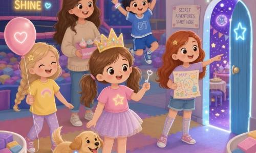 An 8-year-old girl, delighted with brown pigtails and a glitter paper crown, stands center smiling and holding a small silver key; to her left a ~9-year-old blonde with a braid in a yellow T-shirt laughs while holding a pink balloon; behind her a ~8–9-year-old with short black hair in blue sportswear and LED bracelets jumps slightly; a ~10-year-old redhead in glitter socks holds a colorful card and points to a small glowing door on the right; a mother with loose brown hair in a cozy outfit smiles and offers a box of cupcakes behind the group; a golden dog named Ella with a floppy ear and tongue out wears string lights and trots near the main girl's feet; setting: indoor trampoline and play area with colorful foam floor, pastel neon lights, white foam pits, hanging LED garlands and a small glowing blue door at the back; scene: the children discover a secret door opening onto a mini starry party room — joyful mood, warm colors, soft contrasts, centered composition, dim lighting with bright points.