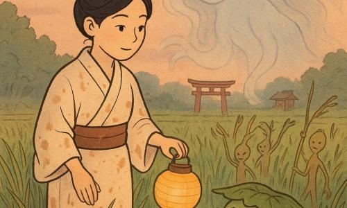 Aiko, zachte gelaatsuitdrukking, lange zwarte haren in een eenvoudige knot, in een crèmekleurig katoenen kimono met moddervlekken, houdt een papieren lantaarn en legt een hand op een rij rijst; aan haar voeten een rond, natgroen stroom-yōkai met een groot blad als hoed en ondeugende ogen die het hoofd kantelt; drie smalle veld-yōkai als grassprietjes in aarde- en moskleuren wijzen plagend vanuit de stengels, één houdt een rijsthalm als stok; op de achtergrond een grote, fluïde en transparante mistgeest van het veld met diepe kiezelachtige ogen, licht boven de planten als stille bewaker; locatie: uitgestrekt rijstveld bij schemering met glanzende, vochtige groene rijen, gebogen halmen, plassen die de roze-oranje lucht weerspiegelen en een oude rode torii met houten schrijn aan de horizon; scène: Aiko belooft evenwicht temidden van de padi’s, rustige houding, warme lantaarnlicht, yōkai aandachtig, mistgeest dalend, zachte magische verzoenende sfeer; visuele stijl: warme pasteltinten, zachte lijnen, zichtbare stof- en misttexturen, schemerlicht met reflecties, poëtische geruststellende atmosfeer.