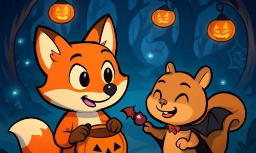Fito el zorro, con su pelaje naranja brillante y sus grandes ojos llenos de emoción, sostiene una calabaza vacía entre sus patas. Sonríe con determinación, listo para salir a buscar caramelos en la noche de Halloween. Sisi, la pequeña ardilla disfrazada de vampiro, está a su lado, con pequeñas alas negras y una sonrisa traviesa, ofreciéndole una gominola en forma de murciélago. Ella parece alegre y juguetona, lista para acompañarlo en su aventura. El escenario es el misterioso Bosque Susurrante, lleno de árboles con troncos torcidos y ramas que parecen susurrar. La luz de las luciérnagas azules ilumina el camino, mientras una ligera neblina flota cerca del suelo, creando una atmósfera mágica y un poco aterradora. La situación principal muestra a Fito y Sisi frente a tres caminos diferentes, cada uno decorado con linternas en forma de calabaza y telarañas brillantes. Fito, con una mirada curiosa, duda sobre qué camino elegir para comenzar su búsqueda de caramelos.