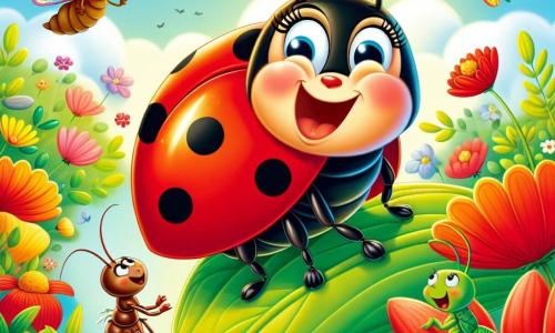 Una coccinella gioiosa, di nome Lella, con un corpo rosso vivo punteggiato di piccoli punti neri, vola entusiasta sopra un giardino colorato, le antenne tremolanti per l'emozione. Sorride ampiamente, gli occhi scintillanti di determinazione, mentre si prepara ad aiutare i suoi amici animali. Accanto a lei, una piccola formica di nome Tina, con un corpo marrone e zampe sottili, scala una foglia verde, guardando Lella con ammirazione. Un grillo di nome Gigi, con ali delicate e corpo verde, salta gioiosamente su una pietra, pronto a seguire Lella nell'avventura. Il giardino è un vero e proprio quadro di colori, con fiori vivaci di tutte le sfumature, farfalle che danzano e un dolce sole che brilla in un cielo azzurro chiaro, creando un'atmosfera magica e incantevole. La scena mostra Lella e i suoi amici animali riuniti per discutere del loro piano, circondati dalla bellezza del giardino, pronti a partire alla ricerca di una fonte d'acqua per salvare il loro fiume prosciugato.