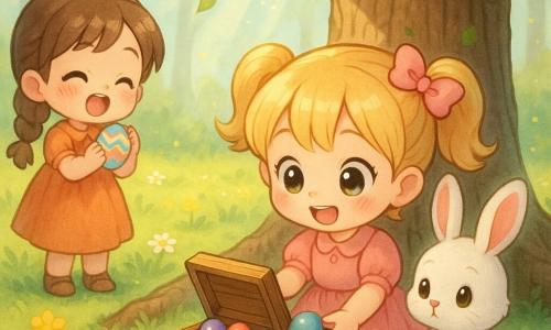 A 6-year-old girl with a round face, rosy cheeks, big bright eyes and blonde pigtails tied with a pink ribbon, smiling in wonder as she kneels before an old oak and opens a small wooden box of colorful chocolate eggs; a fluffy white rabbit with pink ears and hazel eyes sits on the oak root beside her; a 5-year-old girl with brown braided hair stands to the left holding a painted egg and clapping; sunlit forest clearing with green grass, yellow flowers and daisies, light rays through tall branches and falling leaves; main scene: discovery of an Easter treasure—open wooden box revealing colorful eggs and a small golden apple; chibi kawaii style, clean outlines, soft shading, pastel palette (yellow, pink, green, sky blue), varnished egg textures and carved wood, composition centered on the girl, the oak and the box.