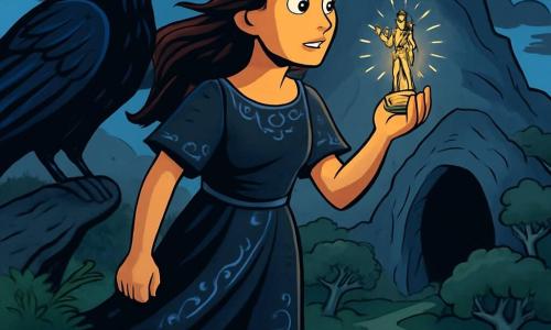 Una giovane donna, Cassandra, si trova sul bordo di una scogliera, i suoi capelli castani che fluttuano nel vento, il viso segnato dalla determinazione e dallo stupore. Indossa un abito scuro decorato con motivi argentati e tiene in mano una piccola statuetta della dea Atena, che brilla di una luce mistica. Accanto a lei, un corvo dagli occhi di fuoco, maestoso e misterioso, la osserva con un'intensità quasi umana, come se le rivelasse un antico segreto. Sullo sfondo, si erge la silhouette di una montagna imponente, avvolta in nuvole scure e minacciose, mentre una grotta spalancata, che sembra respirare oscurità, attende di essere esplorata. Il cielo è di un blu profondo, punteggiato di nuvole grigie, e il paesaggio è costellato di alberi contorti con foglie argentate, creando un'atmosfera magica e inquietante. Cassandra, con un mix di eccitazione e paura, si prepara ad affrontare l'ignoto, pronta a scoprire il potere nascosto dell'Anello di Prometea.