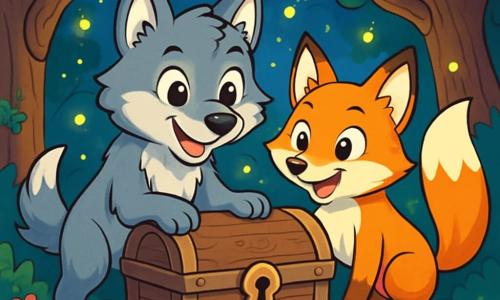 Un giovane lupo dal pelo grigio e setoso, con occhi brillanti di curiosità e un sorriso malizioso, si trova davanti a un vecchio baule di legno, con le zampe anteriori posate sul coperchio, pronto ad aprirlo. Accanto a lui, una volpe agile con pelo arancione vivo, occhi furbi e un'espressione di eccitazione, osserva il baule con impazienza, le orecchie tese. La scena si svolge in una foresta incantata, dove grandi alberi con tronchi nodosi si ergono verso il cielo, le loro foglie verdi brillano alla luce della luna, e le lucciole danzano intorno, creando un'atmosfera magica. Il baule, decorato con motivi antichi, è circondato da radici contorte e fiori colorati che aggiungono un tocco di mistero all'ambiente. L'atmosfera è carica di attesa mentre il lupo e la volpe si preparano a scoprire il tesoro nascosto, con i cuori che battono per l'eccitazione e l'avventura.