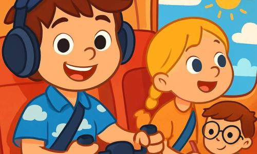 Mattia, un ragazzo di 8 anni, è un pilota sorridente con capelli castani disordinati e occhi scintillanti di eccitazione. Indossa una camicia blu con nuvole bianche e un casco da pilota, tenendo saldamente il volante del suo aereo. Accanto a lui, Anna, una ragazza di 7 anni con capelli biondi intrecciati, guarda meravigliata fuori dal finestrino, i suoi occhi brillano di gioia vedendo le nuvole. Luca, un ragazzo di 7 anni con occhiali e capelli castani, è seduto dietro di loro, con un piccolo taccuino in mano, preso a prendere appunti. L'interno dell'aereo è colorato e accogliente, con sedili comodi e pannelli di controllo pieni di pulsanti luminosi. All'esterno, il cielo è di un blu intenso, punteggiato di nuvole bianche e con il sole che splende intensamente, illuminando la scena. Mattia è al comando dell'aereo, pronto a decollare, con i suoi amici al suo fianco, tutti pieni di eccitazione e curiosità per la loro avventura nei cieli.