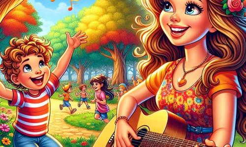 In a sunny park, a young woman named Melody, with long wavy hair and a colorful dress, sits on a wooden bench. She has a big smile, her eyes sparkling with joy as she plays her guitar, creating an upbeat melody. Next to her, a boy named Oliver, about 8 years old, with curly hair and a striped t-shirt, sits with excited eyes. He sings enthusiastically, arms raised, as if inviting all the children in the park to join them. The park is lush, with majestic trees, vibrant flowers dancing in the wind, and children playing joyfully around them. The scene captures Melody and Oliver sharing their new song, surrounded by laughter and happiness, creating a magical and festive atmosphere where music unites all the children in the park.