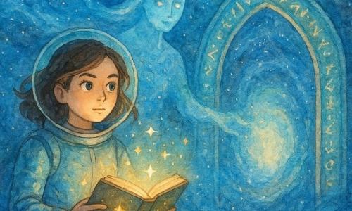 Een jonge vrouw, Mira, zweeft in de ruimte met een vastberaden en kalme blik. Ze draagt een zilverkleurig ruimtepak met blauwachtige tinten en haar ogen stralen een nieuwsgierige glans uit. Ze houdt een lichtgevend grimoire vast, met fonkelende sterren die om haar heen dansen. Naast haar verschijnt een etherische figuur, de Nebelbibliothecaris, als een wezen van licht en mist, sierlijk zwevend. Hij heeft een wijze en welwillende uitstraling, met ogen die lijken te bestaan uit kolkende sterrenstelsels. De achtergrond toont de majestueuze Saffiernevel, een schitterende nevel van blauw en zilver, met lichtspiralen en fonkelende sterren. In het midden opent een immense kosmische poort, versierd met lichtgevende runen, zich met een magische glans, en onthult een doorgang naar een andere dimensie. De scène vangt het moment waarop Mira, met de hulp van de Nebelbibliothecaris, de melodie van de kosmische poort herstelt, waarbij technologie en magie samenkomen in een ballet van licht en kleuren.
