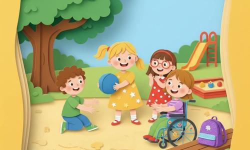A radiant 4-year-old girl Sunny with blonde pigtails in a yellow starry dress holds a blue ball and reaches to roll it to her friend; about 5-year-old Max with curly brown hair in a green tee crouches a few steps away to catch it; 4-year-old Lily with round glasses in a red polka-dot dress stands beside Max clapping joyfully; 4-year-old Emma with light brown hair smiles from a colorful stickered wheelchair, ready to roll the ball toward Sunny; sunny playground with a large leafy tree, pale sandy ground, slide and sandpits in the background and a wooden bench with a sparkly purple backpack; warm, inclusive scene of children playing together with friendly gestures, shared smiles, bright colors and simple paper-cut shapes.