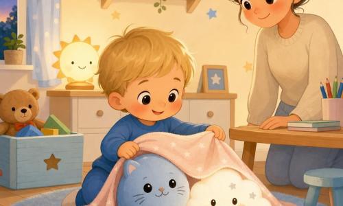 A 2-year-old boy with a round face, rosy cheeks, fine blond hair and big curious eyes sits on a soft light-blue rug holding a round blue plush cat with black embroidered eyes, smiling like a faithful friend; a fluffy white cloud toy with small gray embroidery lies nearby and glows faintly; a kindly mother in her 30s with brown hair in a bun stands by a low table to the right watching them; the bright nursery has cream walls, a light wood shelf, an open toy box, a sun lamp on a dresser, a round blue rug and star stickers on the wall; the boy tucks the toys in with a pale pink blanket in a warm, secure evening light, vivid pastel palette, clean vector style with simple rounded shapes and soft textures.