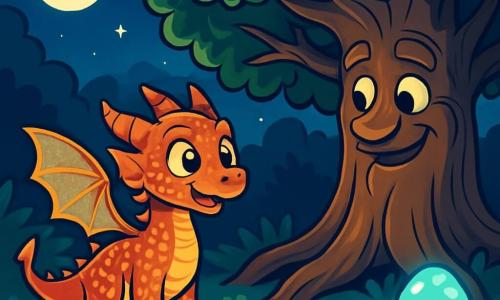 A young dragon named Ember, with scales shimmering like embers, stands in the center of an enchanted glade, his eyes bright with excitement and curiosity. He is small and delicate, with translucent wings that reflect golden hues in the moonlight. Beside him, a great ancient oak tree, with gnarled and leafy branches, seems to speak to him, its leaves gently rustling in the night breeze. The tree exudes a wise and protective aura, its roots winding around the ground like welcoming arms. The glade is bathed in silvery light, illuminated by softly pulsing luminescent mushrooms, creating a magical and mysterious atmosphere. Shadows dance around them, adding a touch of mystery to the scene. Ember is preparing to solve a riddle posed by the Guardian of the forest, the ancient tree, as twinkling stars shine in the night sky, marking the significance of this decisive moment.