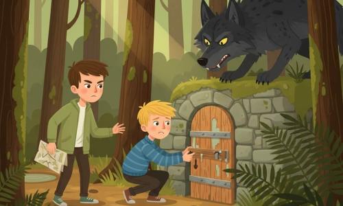 There are three characters: Tom, a serious-looking 9-year-old boy with short brown hair, a light green jacket and brown pants, standing left and holding a folded paper (the map) while looking determinedly toward the wall door; Ben, a nervous-smiling 9-year-old boy with messy blond hair and a blue striped sweater, crouched center by the low wooden door fastening its rusted latch with both hands; and the Big Bad Wolf, large with dark mottled gray fur, piercing yellow eyes and visible fangs, half-hidden behind ferns at right in a creeping, threatening posture fixed on the door and the boys. Setting: a forest path lined with trees with textured brown trunks and green moss, a lichen-covered stone wall with a small low wooden door (peeling paint, rusty latch), dead leaves and muddy puddles on the ground, soft twilight beams filtering through. Main situation: the boys hurriedly close the small wall door to block the wolf’s shortcut; a tense but not frightening scene with strong color contrasts (warm greens and browns for the forest, dark gray for the wolf), clear expressions of fear mixed with courage, centered composition on the locked door, simple silhouettes, clean outlines, flat textures and color blocks, and a dramatic yet child-friendly atmosphere.
