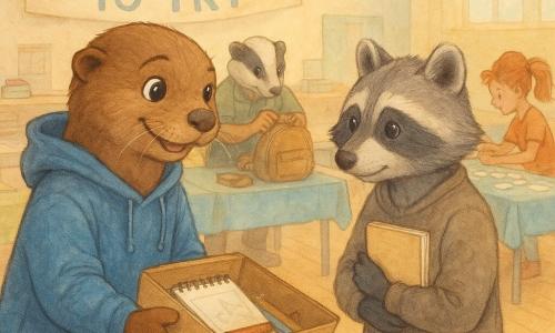 Milo, a young otter with warm attentive expression and glossy brown fur, round mischievous eyes, wearing an oversized blue hoodie, leans forward offering an open box containing a sketchbook and pencils; Nia, a young raccoon, reserved but relieved, gray-and-black facial markings, in simple worn clothes, stands beside him holding a new sketchbook to her chest with a half-smile; Bruno, a sturdy young badger in the background at the 