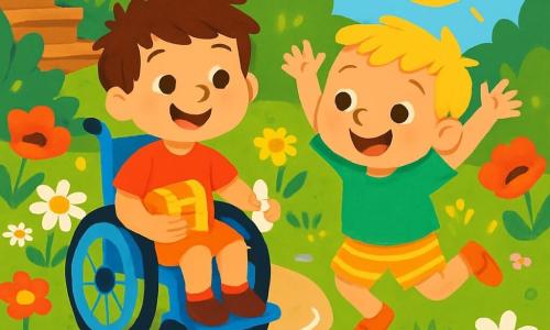 There are two main characters: Sam, a nearly 4-year-old boy with messy brown hair and a big smile, sitting in a shiny blue wheelchair, holding a small treasure box under his arm; and Ben, a nearly 4-year-old boy with blond hair and sparkling eyes, standing next to Sam, joyfully hopping like a frog, wearing a bright green t-shirt and striped shorts. The scene takes place in a colorful garden filled with vibrant flowers like white daisies and red poppies. A dirt path winds between the plants, and black ants march in a line on a small road drawn with white chalk. In the background, a wooden staircase creaks slightly, surrounded by green leaves and small pebbles. In this illustration, Sam and Ben are creating a road for the ants with white lines drawn on the ground, watching in wonder as the little creatures cross their creation, while the sun shines happily above them, casting soft shadows on the ground.