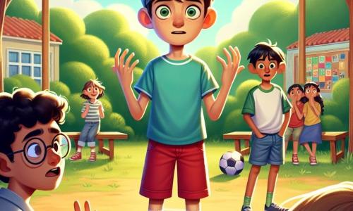 Um garoto de 12 anos, Miguel, está no centro da imagem, com cabelos castanhos bagunçados e olhos brilhantes de nervosismo. Ele usa uma camiseta azul e um short vermelho, com as mãos levantadas, como se tivesse revelado um segredo, exibindo uma expressão de ansiedade e alívio. À sua direita, seu amigo João, também de 12 anos, com cabelos pretos e óculos redondos, o observa surpreso, de braços cruzados, vestindo uma camiseta verde e jeans. À esquerda, Clara, a irmã de Miguel, uma menina de 8 anos com cabelos loiros e tranças, observa a cena com olhos arregalados, segurando um livro. A cena acontece em um pátio escolar ensolarado, cercado por grandes árvores com folhas verdes vibrantes e bancos de madeira. Colegas de classe jogam futebol ao fundo, enquanto um painel colorido na parede exibe desenhos de crianças. A situação principal mostra Miguel, cercado por seus amigos, confessando que mentiu sobre a quebra da janela da sala de aula, um momento de verdade que cria uma atmosfera de tensão e camaradagem, ilustrando a importância da honestidade.